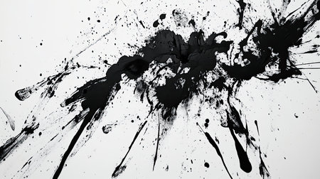 Abstract black paint splash creates striking patterns against a white background. Ideal for design projects needing bold visual impact and creativity.の素材