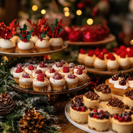 A beautifully arranged display of festive desserts featuring cupcakes, cakes, and other sweet treats adorned with holiday themes, perfect for celebrations.の素材