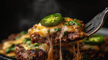 Indulge in this delicious grilled beef topped with melty cheese and fresh jalapenos. Perfect for BBQ gatherings or hearty meals, this dish entices with aroma and flavor.の素材