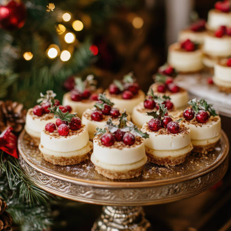 Delight in these festive mini cheesecakes adorned with red berries and green leaves. Perfect for holiday celebrations, they offer a charming presentation and rich flavor.の素材