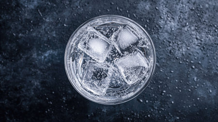 A top-down view of a refreshing glass filled with sparkling water and ice cubes, set against a dark textured surface, showcasing an inviting scene of hydration.の素材