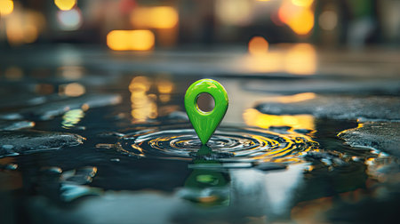 A vibrant green location pin stands prominently in water, creating circular ripples. The background features blurred bokeh lights, enhancing the urban setting and navigation theme.の素材