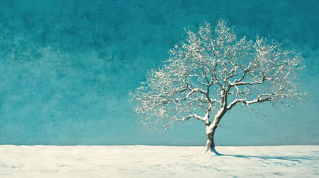 A serene winter landscape featuring a solitary snowy tree against a vibrant blue backdrop. This scene captures the calmness and beauty of nature in winter.の素材