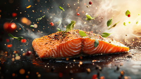 A stunning image of a fresh salmon steak garnished with colorful spices, capturing the essence of gourmet cooking and vibrant flavors. Perfect for culinary themes.の素材