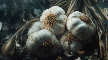 A close-up view of fresh garlic bulbs nestled in earthy soil, showcasing their natural beauty. Perfect for culinary and agricultural themes, this image highlights the essence of organic ingredients.の素材