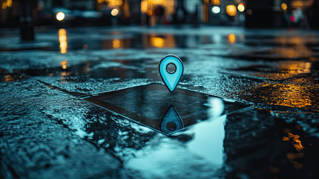 An artistic urban scene showcasing a location pin on a wet pavement, reflecting city lights at night. Ideal for concepts related to navigation and travel.の素材