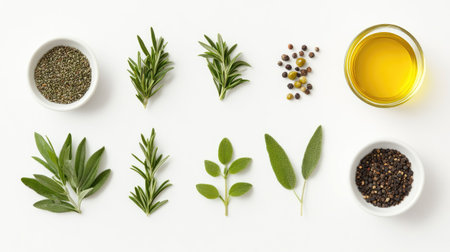 A beautiful arrangement of fresh herbs and spices along with olive oil, set against a clean white background, showcasing vibrant colors and textures, perfect for culinary designs and healthy living themes.の素材