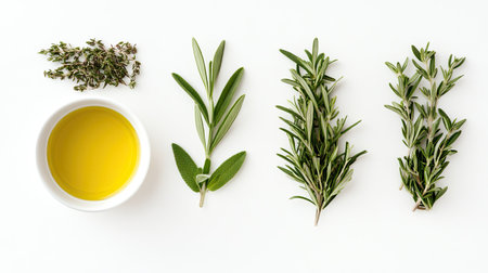 This image showcases a stylish arrangement of fresh herbs and olive oil on a white background, highlighting culinary and healthy cooking elements.の素材
