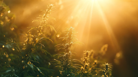A stunning capture of sunlight breaking through foliage, illuminating vibrant green plants. This serene nature scene evokes feelings of tranquility and freshness.の素材