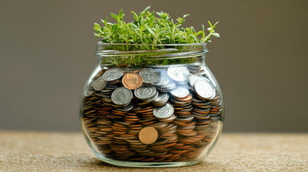 A glass jar filled with coins at the bottom and a vibrant green plant growing above symbolizes the concepts of financial growth and sustainable investment.の素材