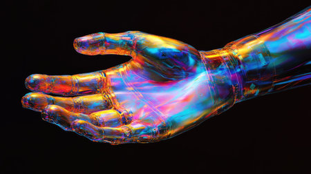 A vibrant and colorful representation of a futuristic transparent robotic hand, showcasing innovative design and technology against a black background.の素材