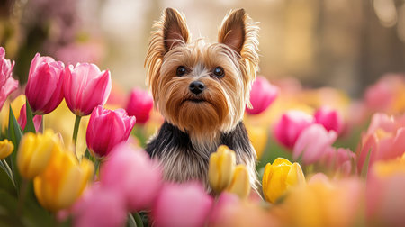 A charming Yorkshire Terrier poses among colorful tulips in a vibrant spring garden. This portrait captures the essence of joy and warmth in nature.の素材