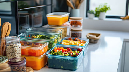 A vibrant display of meal prep containers filled with fresh vegetables and fruits on a modern kitchen counter, highlighting healthy eating and organization.の素材