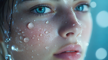 Stunning close-up of a young woman face, showcasing water droplets on her glowing skin. The image highlights natural beauty and youthfulness.の素材