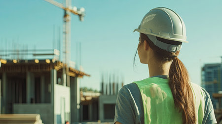 A construction worker stands in profile, observing a building project under a clear sky. The image captures the essence of dedication and professionalism in the construction industry.の素材