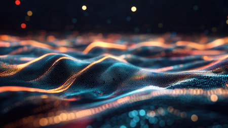Vivid digital waves illuminated by colorful lights create a mesmerizing abstract background. Perfect for projects related to technology, art, and creativity.の素材