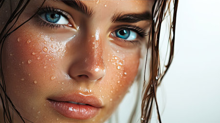 A stunning close-up portrait of a woman with bright blue eyes and water droplets on her skin. This image captures beauty, freshness, and hydration.の素材