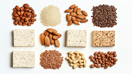 An elegant arrangement of various nuts and seeds on a white background showcasing health benefits and natural textures, perfect for culinary uses.の素材