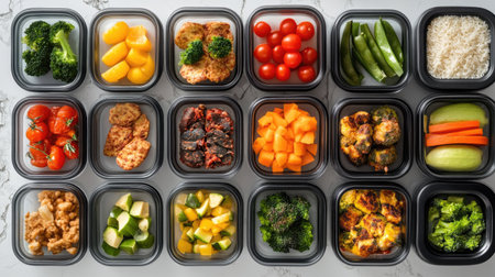A vibrant arrangement of meal prep containers filled with nutritious foods showcases the importance of healthy eating and organization in daily life.の素材