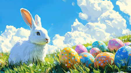 A delightful illustration featuring a cute white bunny surrounded by colorful Easter eggs in a sunny meadow, with fluffy clouds in a bright blue sky.の素材