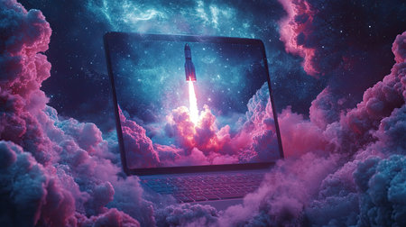 Explore a vibrant digital art piece featuring a rocket launching from a laptop, set against a cosmic backdrop filled with colorful clouds and stars.の素材