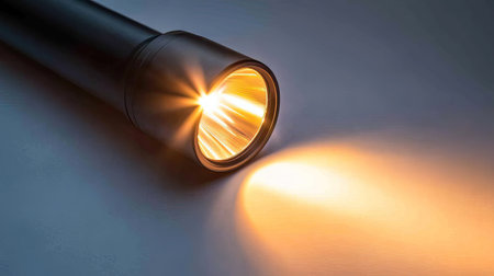 A close-up image of a bright flashlight emitting a warm beam of light in a dark environment. Perfect for themes of safety, technology, and emergency preparedness.の素材