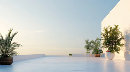 This serene outdoor terrace features minimalist design elements and potted plants under a clear sky, creating a peaceful environment perfect for relaxation.の素材