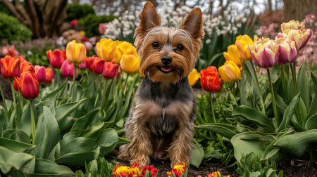 A charming Yorkshire Terrier sits playfully among vibrant tulips in a flourishing garden setting, capturing the essence of spring's beauty and joy.の素材