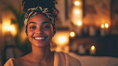 A young woman beams with happiness in a warm, cozy indoor setting. Soft ambient lighting and glowing candles create a serene atmosphere, perfect for capturing joyful moments.の素材