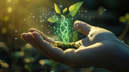 A human hand cradles a young sprouting plant, symbolizing growth and renewal. Glowing energy lights surround the plant, emphasizing hope and sustainable life.の素材