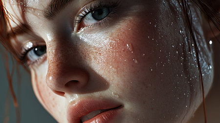 Detailed close-up portrait of a young woman with water droplets accentuatingの素材