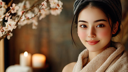 A serene portrait of a young woman in a spa setting, surrounded by cherry blossoms and candles. The image evokes relaxation, beauty, and wellness.の素材