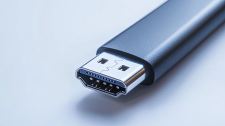 A detailed close-up image showcasing a USB connector on a light background, highlighting its metal construction and connection capabilities for various devices.の素材
