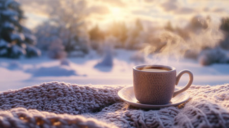 A serene winter morning with a steaming coffee cup placed on a cozy blanket, capturing a tranquil snowy landscape illuminated by soft sunlight.の素材