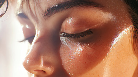 Captivating close-up of glowing skin showcasing dewy highlights, soft features, and natural beauty, perfect for skincare and beauty-themed projects.の素材