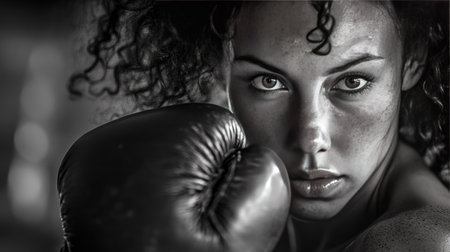This striking black and white portrait showcases a female boxer focused and determined, with a gloved hand raised in preparation for a powerful punch.の素材