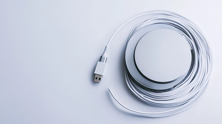 A modern USB cable with a circular connector lays on a light surface. The coil design showcases minimalistic technology ideal for various electronic devices.の素材