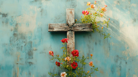 A beautiful rustic wooden cross adorned with colorful flowers against a soft blue wall, symbolizing faith and serenity in nature's embrace. Perfect for spiritual themes.の素材