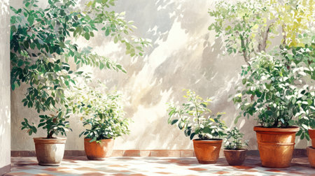 A tranquil courtyard filled with lush green plants in terracotta pots, illuminated by soft sunlight, creating a serene and peaceful atmosphere perfect for relaxation.の素材