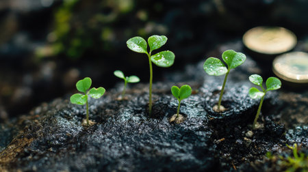 Close-up view of green seedlings emerging from rich, moist soil, showcasing healthy growth and water droplets. A symbol of new beginnings and vitality.の素材