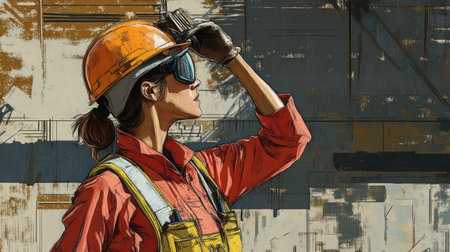 A determined female construction worker in safety gear stands confidently against an urban backdrop, showcasing her dedication to the industry and safety.の素材