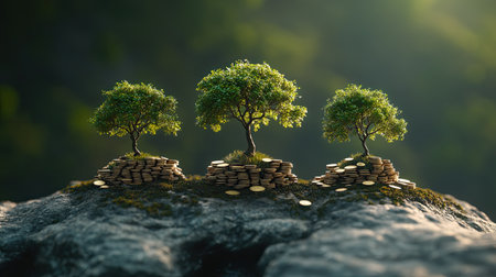 This image captures the concept of financial growth, showcasing small trees emerging from stacks of coins, symbolizing the harmony of nature and wealth.の素材