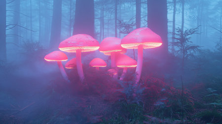 Captivating scene of glowing pink mushrooms in a misty forest, showcasing the magical beauty and serene atmosphere of nature's wonders. Perfect for fantasy-themed projects.の素材