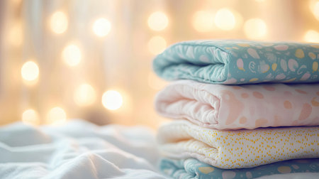 A serene arrangement of cozy stacked blankets in soft pastel colors, set against a softly glowing background, evoking warmth and comfort in any space.の素材