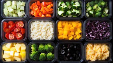 This image showcases a vibrant assortment of fresh vegetables and fruits arranged in meal prep containers, ideal for promoting healthy eating and meal planning.の素材