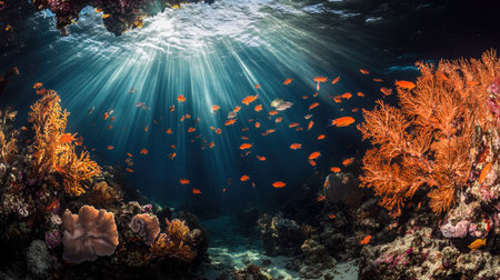 Stunning underwater scene showcasing vibrant coral reefs and colorful fish illuminated by sunlight rays penetrating the tranquil ocean surface.の素材