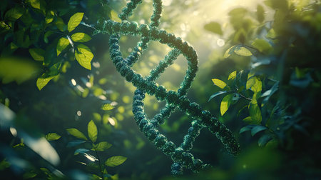 A stunning representation of a DNA helix intertwined with vibrant green leaves, illuminated by soft sunlight, showcasing the unity of nature and science.の素材