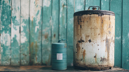 Two vintage metal containers sit against a textured wooden backdrop, showcasing a rustic charm with peeling paint and a calming green hue.の素材
