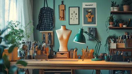 A beautifully organized creative workspace featuring a mannequin, art supplies, and plants. This serene setting inspires creativity and artistry.の素材