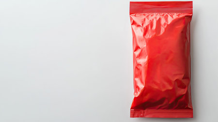 A bright red sealed packaging on a neutral background, ideal for showcasing food products. This image highlights freshness and vibrant design for marketing purposes.の素材